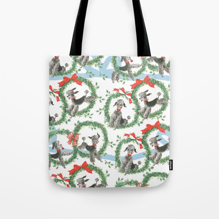 POODLES celebrate CHRISTMAS with a blue ribbon Tote Bag