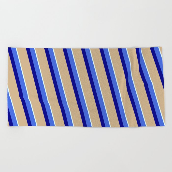 Royal Blue, Dark Blue, Tan & Light Cyan Colored Stripes/Lines Pattern Beach Towel
