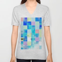 geometric pixel square pattern abstract background in blue pink green V Neck T Shirt