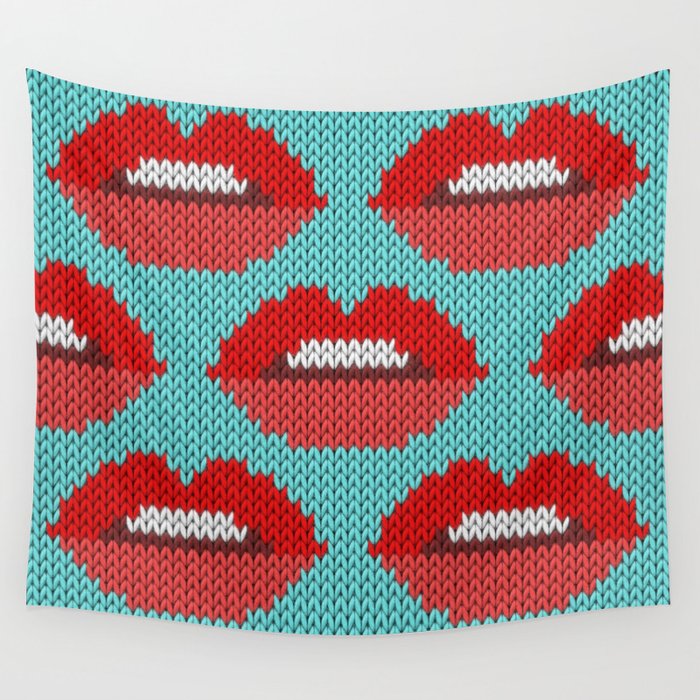 Lips pattern - blue Wall Tapestry