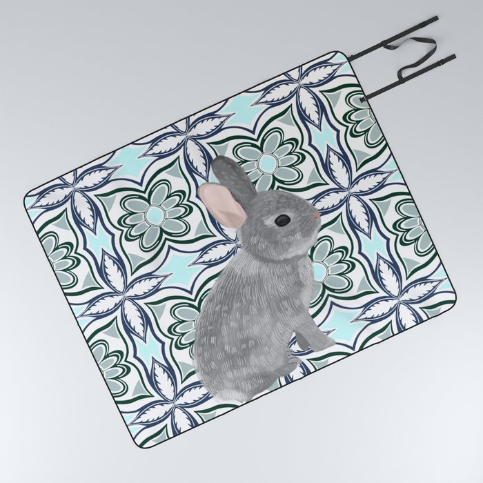 Cute bunny on gentle blue pattern Picnic Blanket