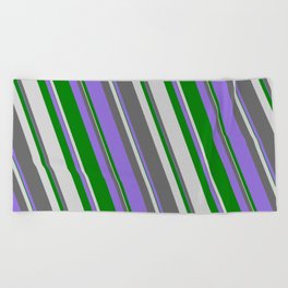 [ Thumbnail: Dim Gray, Purple, Green & Light Grey Colored Lined Pattern Beach Towel ]
