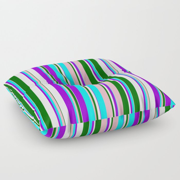 Eye-catching Dark Violet, Cyan, Light Pink, Dark Green, and White Colored Lined Pattern Floor Pillow