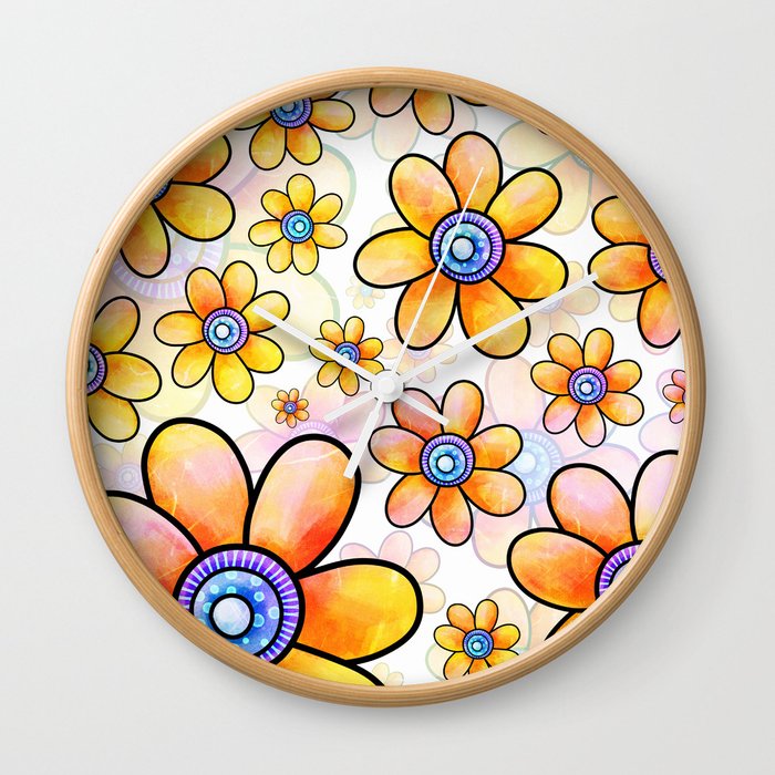 Doodle Daisy Flower Pattern 05 Wall Clock