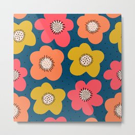 Seamless flower pattern. Bold florals Scandinavian flat style repeating background. Botanical minimalistic doodle flowers pink coral orange yellow on blue backdrop.  Metal Print