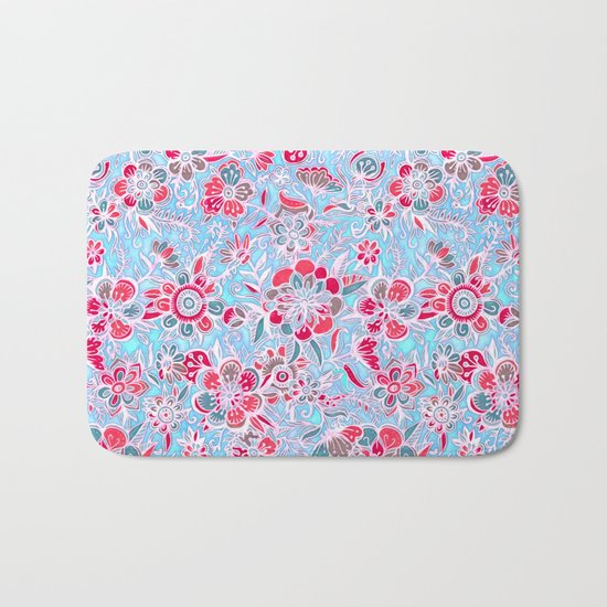 Sweet Spring Floral - cherry red & bright aqua Bath Mat