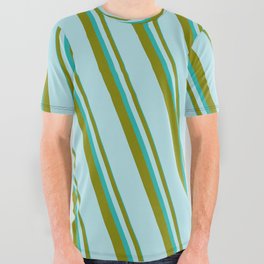 [ Thumbnail: Light Sea Green, Green & Powder Blue Colored Lined/Striped Pattern All Over Graphic Tee ]
