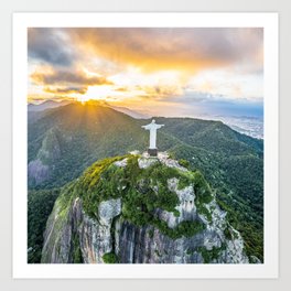 Brazil Photography - The Sun Shining Through The Clouds On Christ  Art Print
