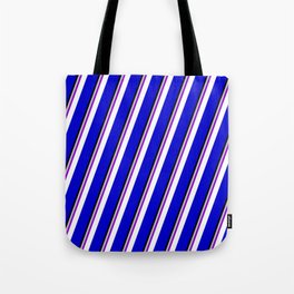 [ Thumbnail: Colorful Grey, Dark Violet, White, Blue & Black Colored Stripes Pattern Tote Bag ]