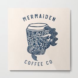 Mermaiden Coffee Co. Metal Print | Drawing, Linocut, Sea, Curated, Coffee, Mermaid, Ocean 