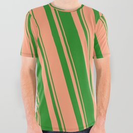 [ Thumbnail: Forest Green & Light Salmon Colored Lined/Striped Pattern All Over Graphic Tee ]