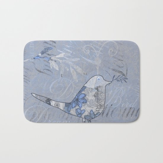 Cute patchwork bird collage with text Bath Mat