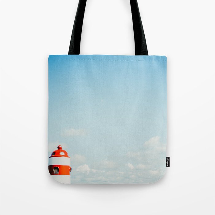 Red White Lighthouse - Minimal Nautical Blue Art Tote Bag