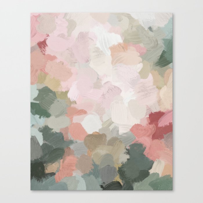 Time to Bloom - Forest Green Fuchsia Blush Pink Abstract Flower Spring Painting Art Canvas Print