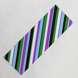 [ Thumbnail: Dark Orchid, Light Sky Blue, Black, Forest Green, and White Colored Lines Pattern Yoga Mat ]