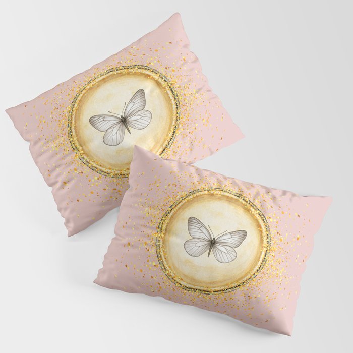 Hand-Drawn Butterfly Gold Circle Pendant on Pastel Pink Pillow Sham