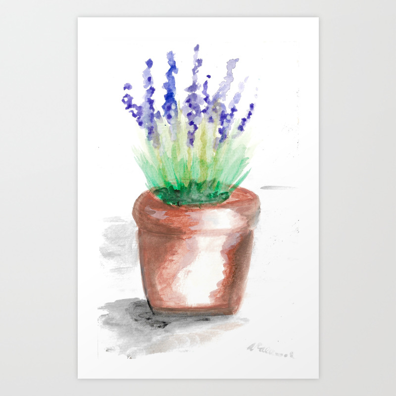 Watercolour Lavender Flowerpot Art Print By Nataliecallwoodarts