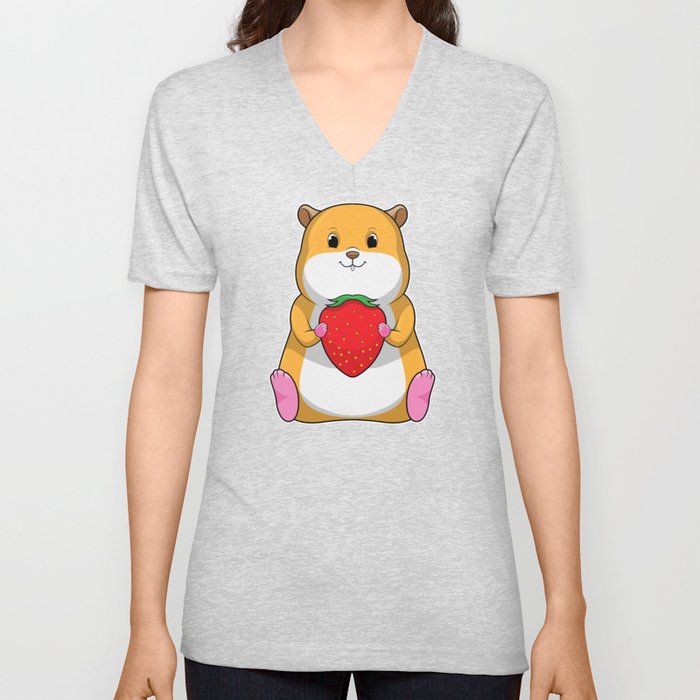Hamster with Strawberry V Neck T Shirt