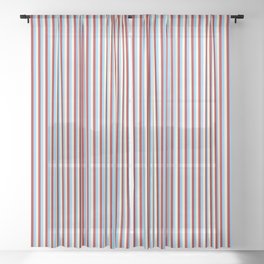 [ Thumbnail: Light Sky Blue, Beige & Red Colored Lined Pattern Sheer Curtain ]