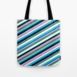 [ Thumbnail: Eyecatching Plum, Sea Green, White, Deep Sky Blue, and Black Colored Pattern of Stripes Tote Bag ]