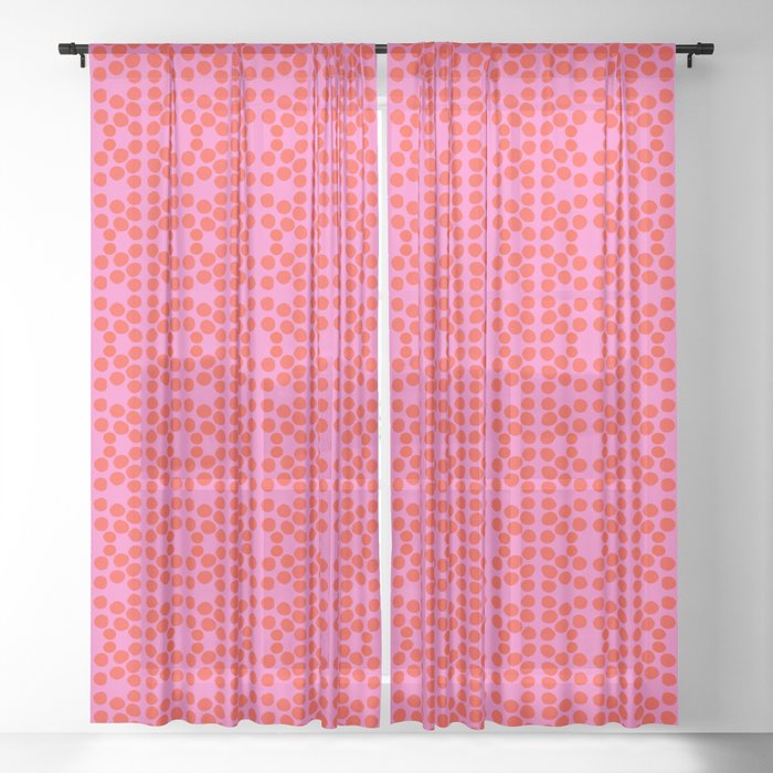Modern Polka Dots Pattern Red On Hot Pink Mid-Century Geometric Bright Cheerful Retro Dotty Pattern Sheer Curtain
