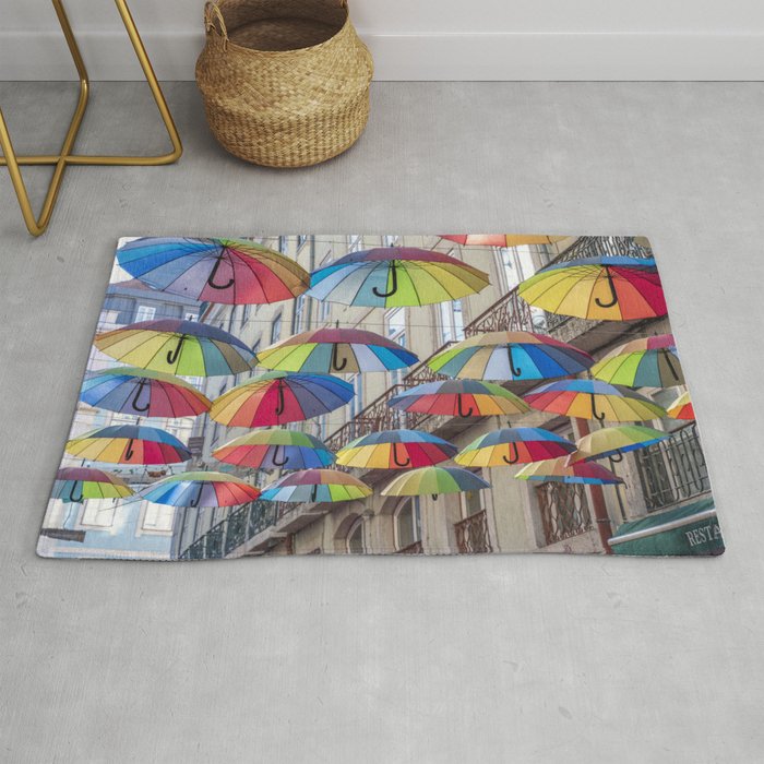 Umbrellas in Lisbon, Portugal art print- bright cheerful summer - street and travel photography Rug