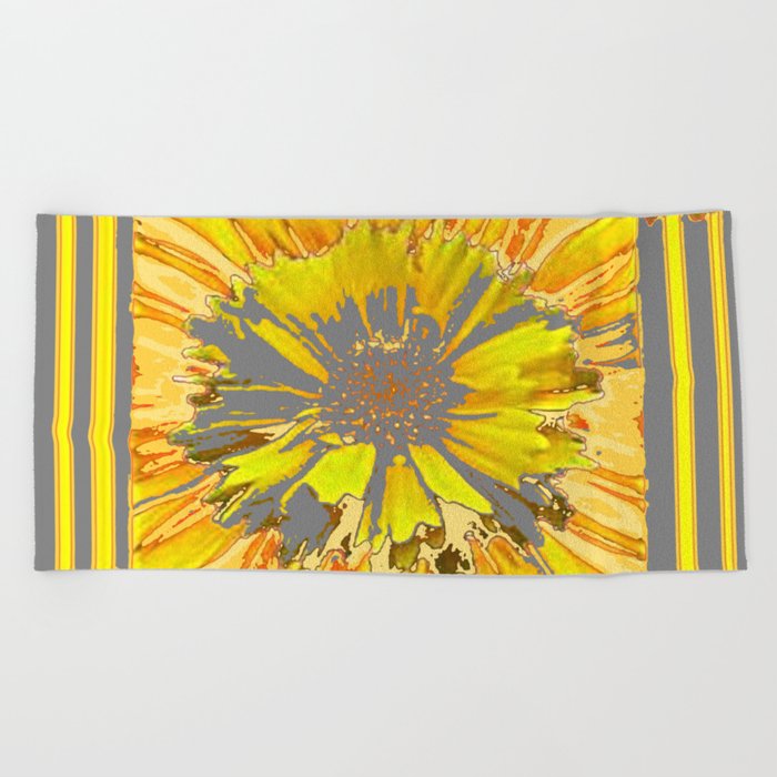 Grey Yellow Flower Deco Modern Art Beach Towel By Sharlesart