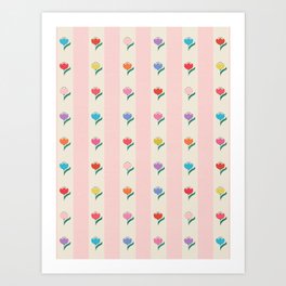 Cheery Tulips on Pink and Cream Vertical Stripes Art Print