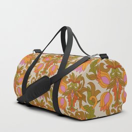 Orange, Pink Flowers and Green Leaves 1960s Retro Vintage Pattern Duffle Bag