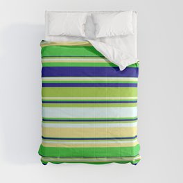 [ Thumbnail: Vibrant Green, Light Cyan, Tan, Lime Green & Blue Colored Stripes/Lines Pattern Comforter ]
