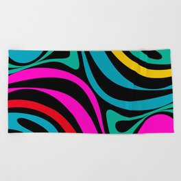 New Groove Retro Swirl Abstract Pattern in 80s Colors on Black  Beach Towel