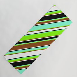 [ Thumbnail: Aquamarine, Chartreuse, Brown, White, and Black Colored Striped/Lined Pattern Yoga Mat ]