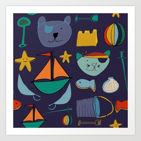 cat and bear pirate purple Art Print