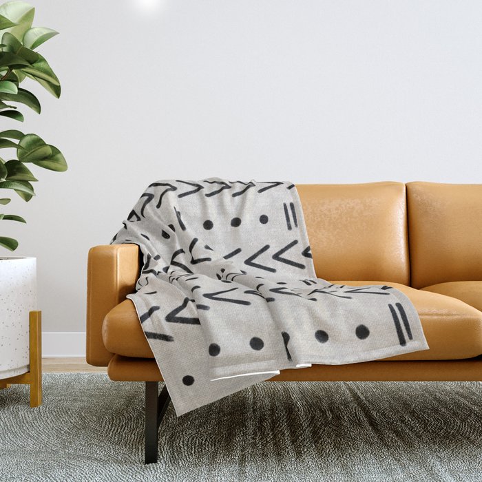 Mudcloth Black Geometric Shapes in White  Throw Blanket