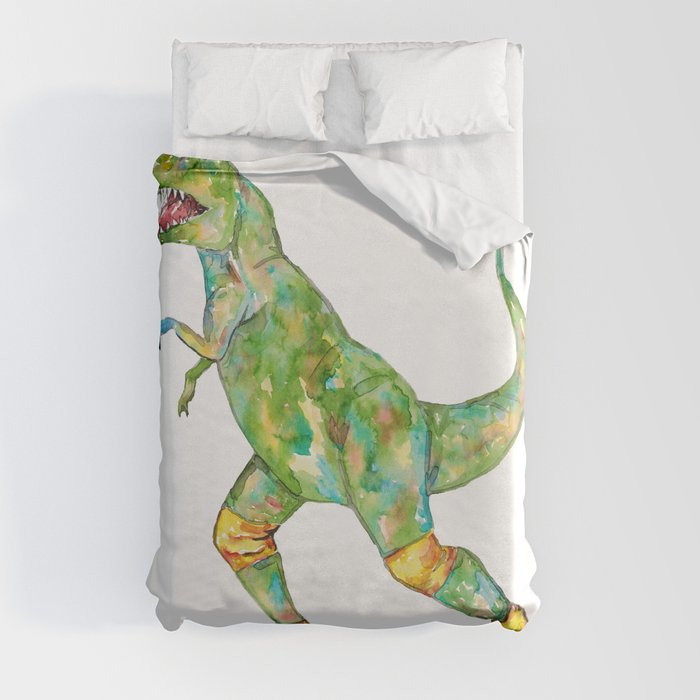 T-rex roller skating dinosaur painting  Duvet Cover