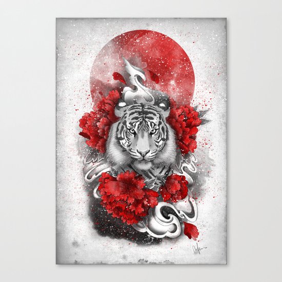 White tiger, red sun Canvas Print