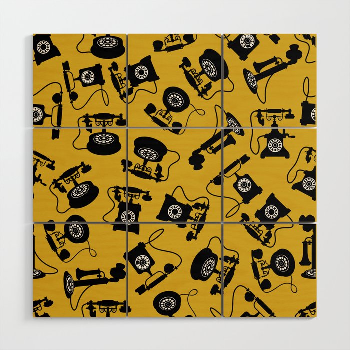 Black Vintage Rotary Dial Telephone Pattern on Mustard Yellow Gold Wood Wall Art