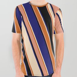 [ Thumbnail: Eyecatching Bisque, Chocolate, Dark Salmon, Black & Midnight Blue Colored Stripes/Lines Pattern All Over Graphic Tee ]