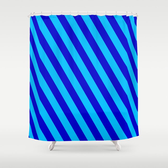 Deep Sky Blue and Blue Colored Lined Pattern Shower Curtain