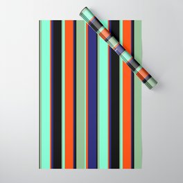 [ Thumbnail: Vibrant Black, Dark Sea Green, Aquamarine, Red, and Midnight Blue Colored Pattern of Stripes Wrapping Paper ]
