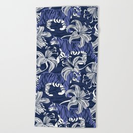 Tigers in a tiger lily garden // textured navy blue background very peri wild animals light grey flowers Beach Towel