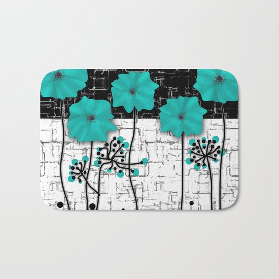Turquoise flowers on black and white background . Bath Mat