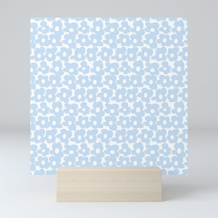 Mini Baby Blue Retro Flowers White Background #decor #society6 #buyart Mini Art Print