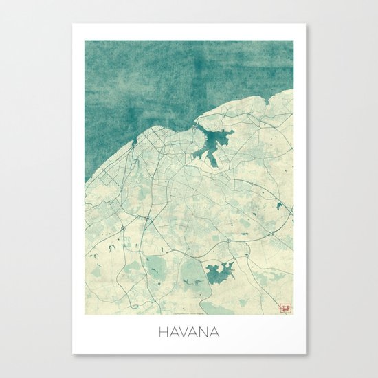 Havana Map Blue Vintage Canvas Print