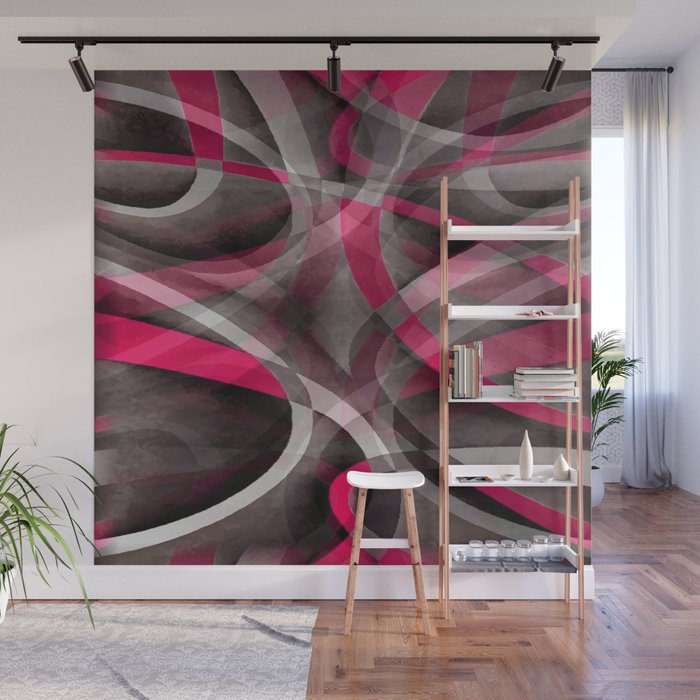 Eighties Rose Pink On Grey Abstract Curve Pattern Wall Mural