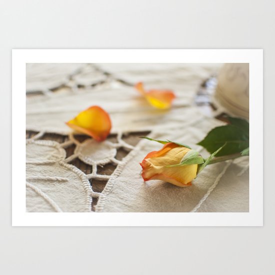 Yellow Rose on a Tablecloth Art Print