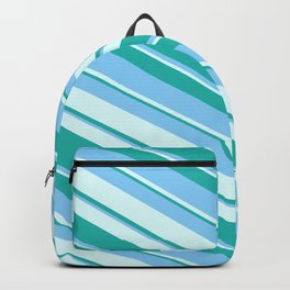 [ Thumbnail: Light Cyan, Light Sea Green & Light Sky Blue Colored Lines/Stripes Pattern Backpack ]