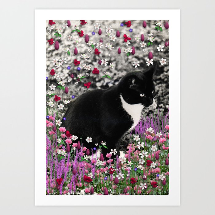 Freckles in Flowers II - Tuxedo Kitty Cat Art Print