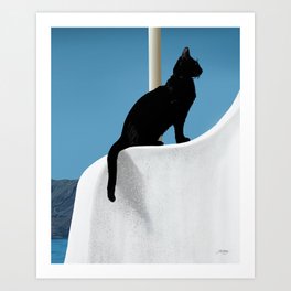 Black Cat Overlooking Santorini Art Print