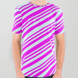 [ Thumbnail: Fuchsia & Light Cyan Colored Stripes/Lines Pattern All Over Graphic Tee ]